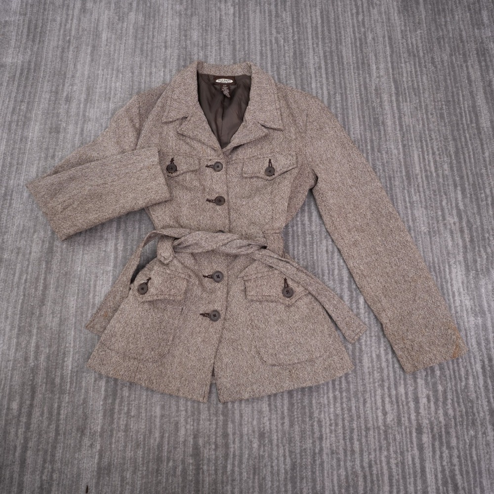 Old Navy Field Jacket Womens XS Brown Belted Tweed Wool Blend Utility Coat
